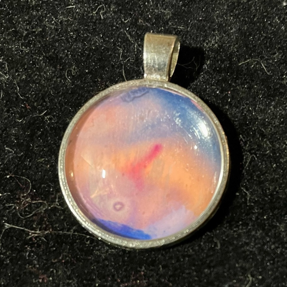Dreamy Handmade Pink Alcohol Ink Art Under Domed Glass w Silvertone Setting